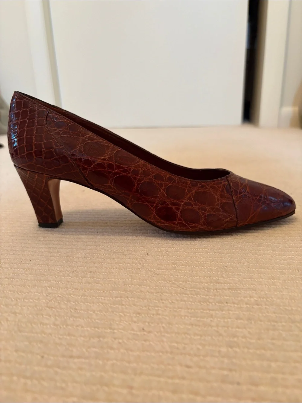 Classic Brown Croc Mid Heel Pump